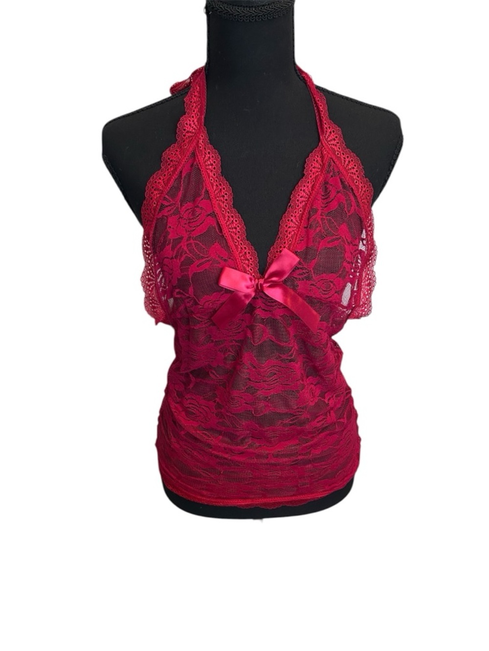 GEESENSS Sheer Lace Lingerie Halter Chemise in Berry with Satin Bow